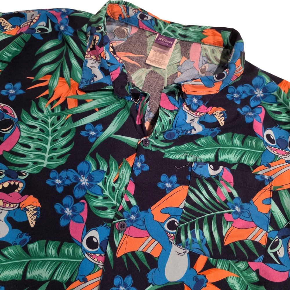 Disney Mens Stitch Hawaiian Button Down Shirt Navy Blue Tropical‎ Rayon XXL